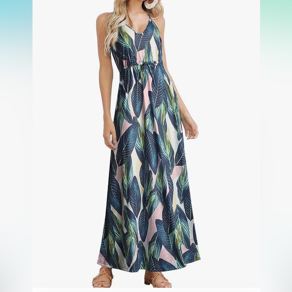 Sleeveless V Neck Spaghetti Strap Pockets Beach Boho Tropical Summer Maxi dress